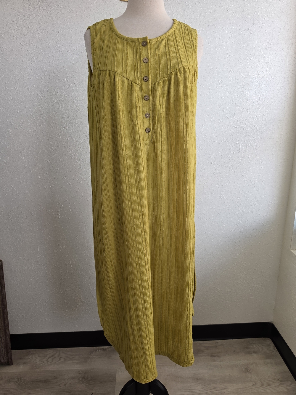 Umgee Medium Mustard Textured Sleeveless Button Front Boho Maxi Dress